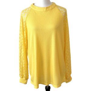 Miholl XL Bright Yellow Waffle Knit Top with Lace Sleeves *NEW*